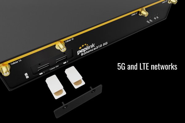A photograph of a Peplink router with 5G and LTE functionality