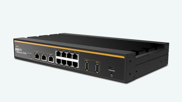 Balance 310X Router by Peplink - A rectangular, black wireless router with several input points visible
