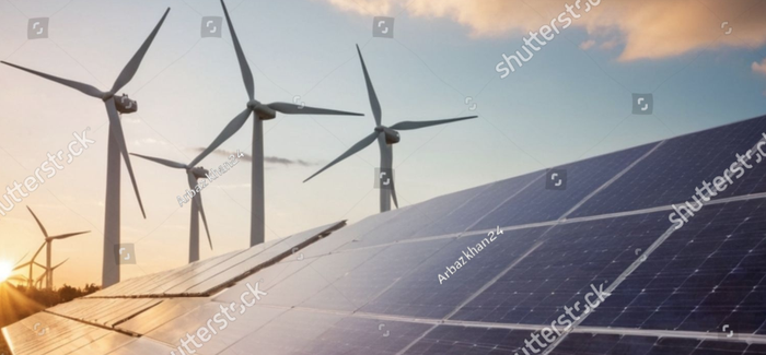 Panneaux solaires et éoliennes captant l'énergie renouvelable au coucher du soleil