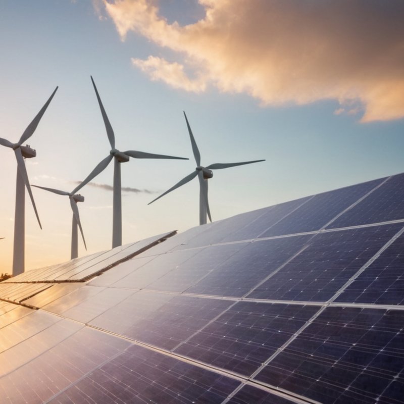 Renewable energy park at sunset, with solar panels in the foreground and several wind turbines in the background